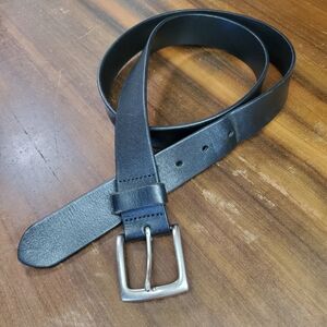 Leather 39-43" Belt Unisex Black Strap Cowhide Steel Silver Hardware Buckle